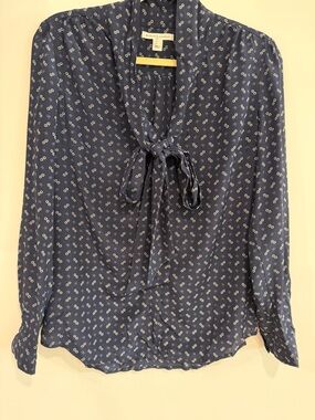 Banana Republic Navy Blue Equestrian motif  Tie-Neck Blouse
